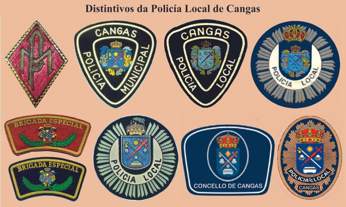 Diferentes distintivos da Policía Local de Cangas.