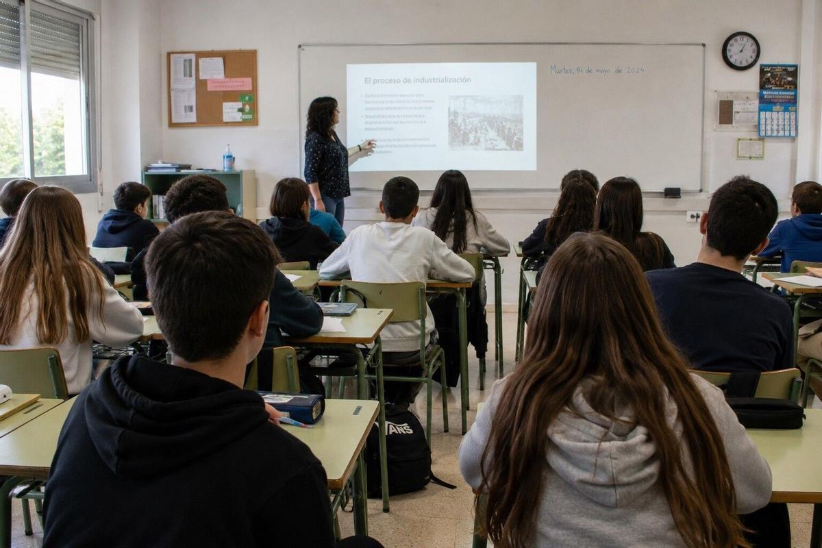 Imagen de alumnos y una profesora dando clase en un aula.