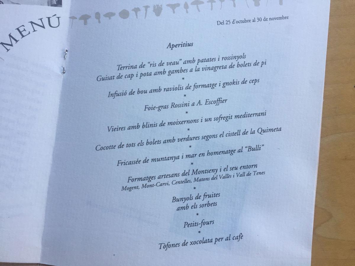 El menú de bolets que va fer El Racó de Can Fabes la tardor del 1991