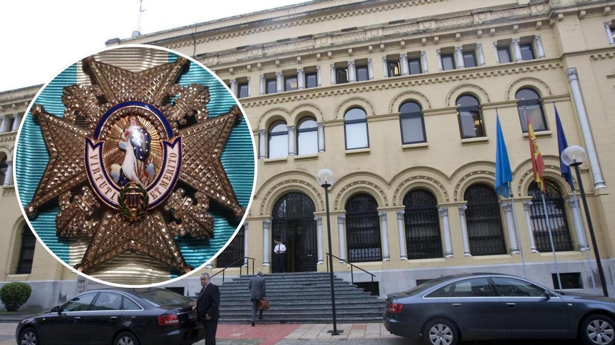 El edificio de Presidencia. En el círculo, detalle de la Gran Cruz de Carlos III