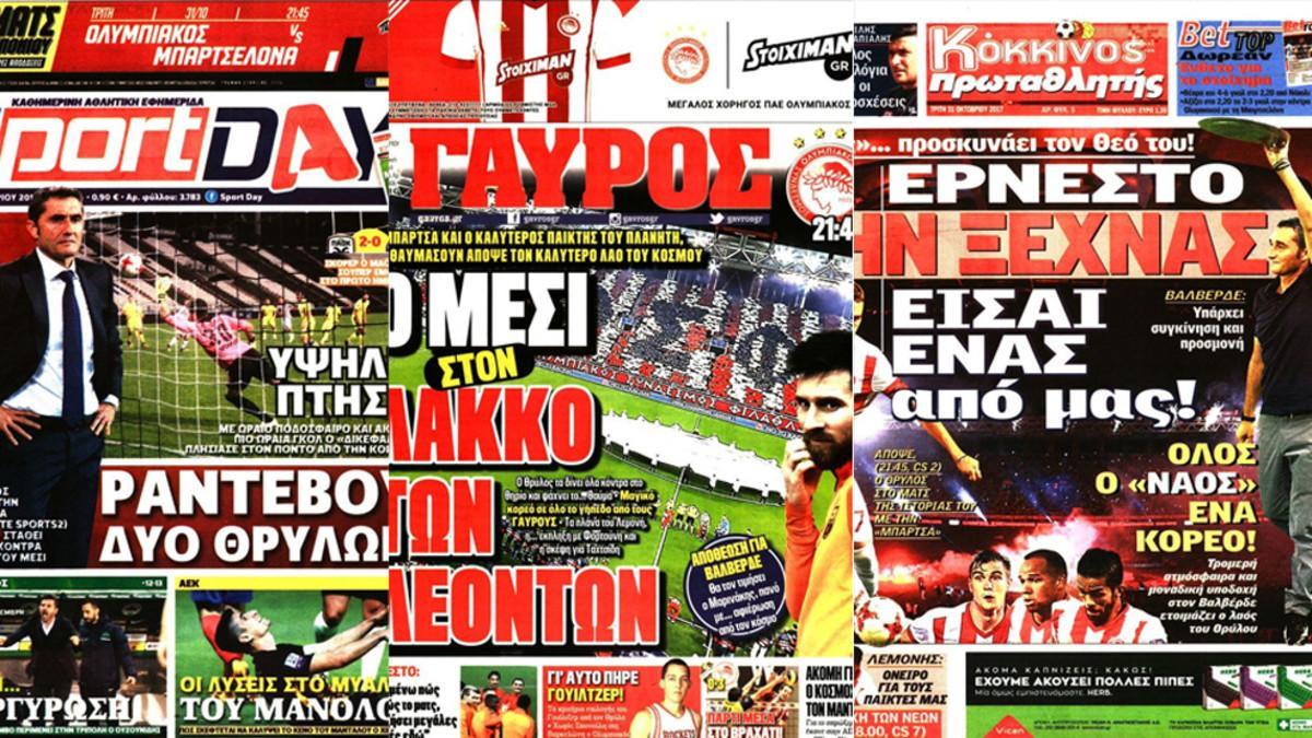 Las portadas de la prensa griega mostrando su expectación ante el Olympiacos-Barça de la Champions 2017/18