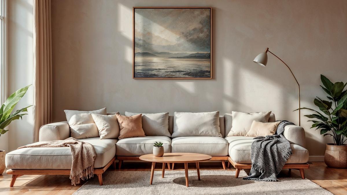 Salón de un hogar, con sofá y una mesa rodeados de adornos