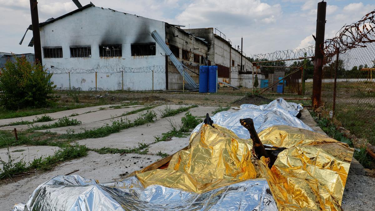 Cuerpos carbonizados extraídos del hangar industrial donde se desató el incendio en la prisión de Olenivka. Al fondo, la instalación devastada por las llamas.