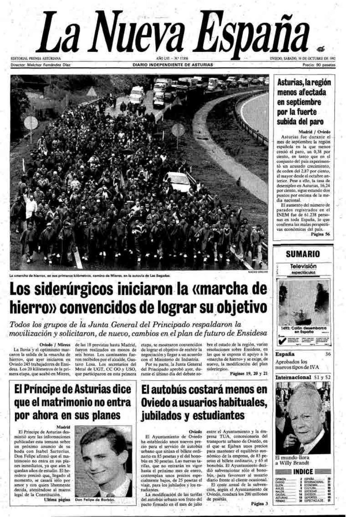 De arriba abajo, la cabeza de la «marcha de hierro» durante una de las etapas; la reproducción de la portada de LA NUEVA ESPAÑA el día que se inició y de una página con la entrada ya en Madrid; cuando los caminantes culminaron la cumbre en Pajares,  y el recibimiento a su paso por uno de los pueblos. | |  LNE