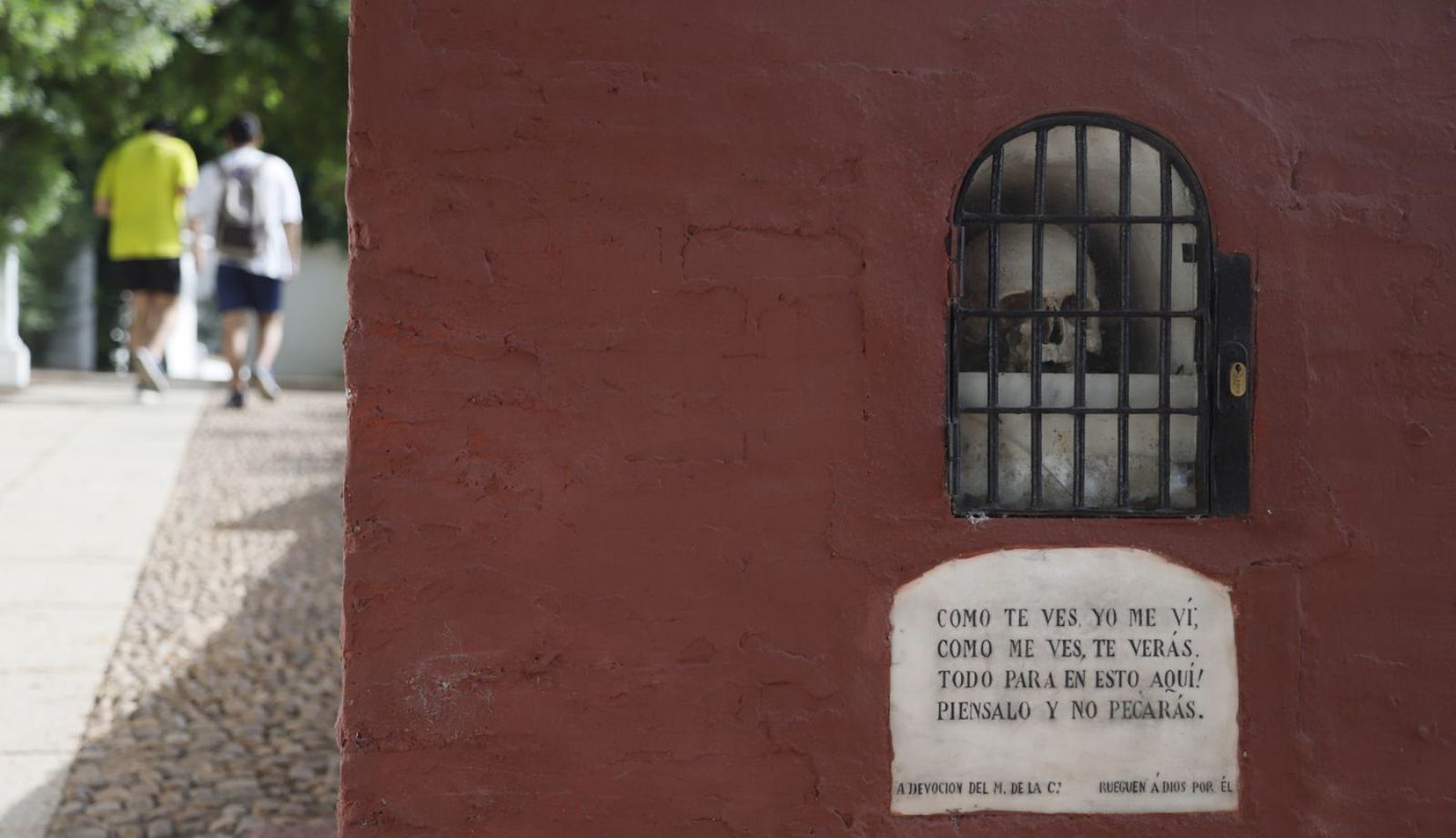 La conocida calavera de la hornacina, sobre versos grabados en piedra.