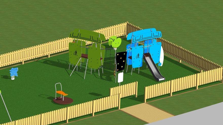 Infografía del nuevo parque infantil que se ubicará en el entorno del Multiusos de As Pozas. / FdV