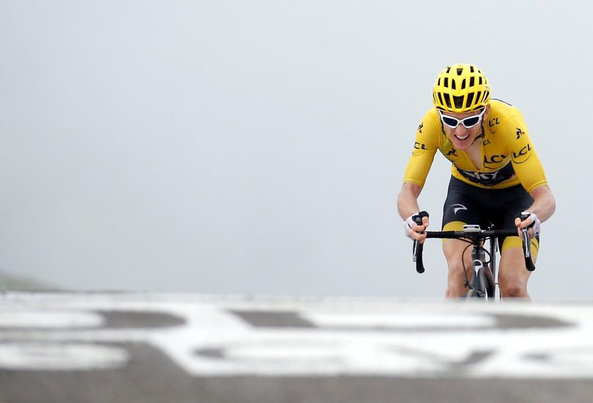 Cycling - Tour de France - The 65-km Stage 17 from Bagneres-de-Luchon to Saint-Lary-Soulan Col du Portet - July 25, 2018 - Team Sky rider Geraint Thomas of Britain, wearing the overall leader’s yellowÂ jersey, finishes.  REUTERS/Stephane Mahe      TPX IMAGES OF THE DAY