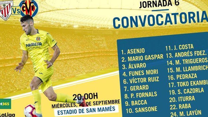 Miguelón viaja con el Villarreal a Bilbao y Bonera y Morlanes, fuera de la lista