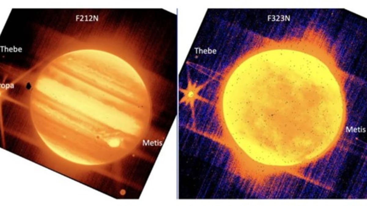 Júpiter y sus 3 lunas: Europa, Tebe y Metis. Imágenes tomadas con NIRCam usando filtro de 2,12 micras (izquierda) y de 3,23 micras (derecha).