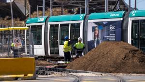 Obras del tranvía, a la altura de las Glòries, el pasado 3 de abril, el día del 20º aniversario del Tram