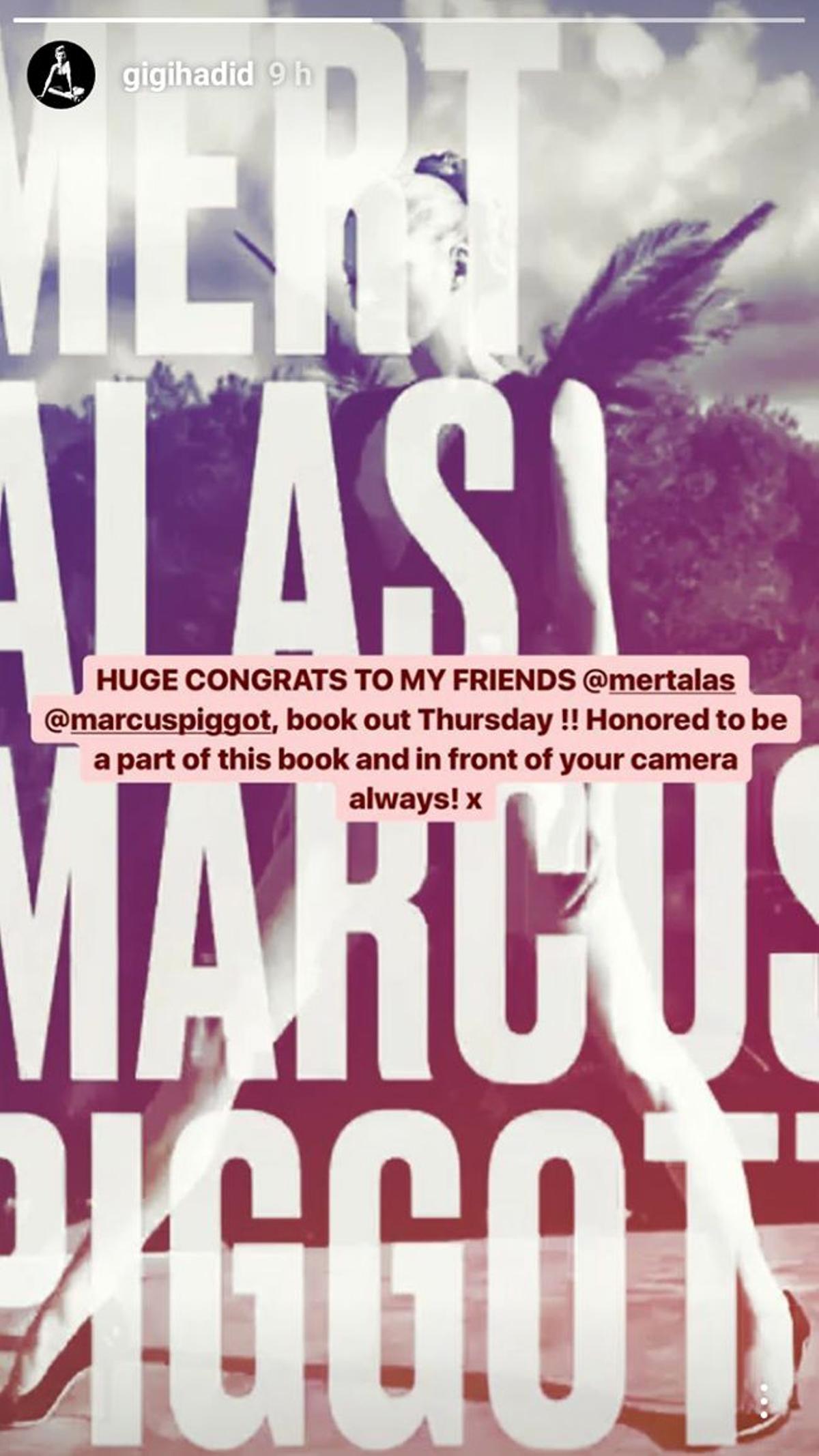 Gigi Hadid anuncia en su Instagram Stories su participación en el libro de fotografía de Mert Alas y Marcus Piggot