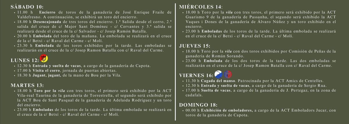 Programación de los actos taurinos de las fiestas de Sant Pasqual, en Vila-real.