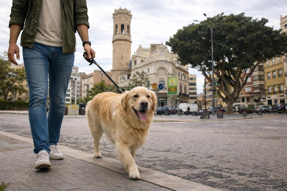 Un hombre pasea por el centro de Burriana acompañado por su mascota.