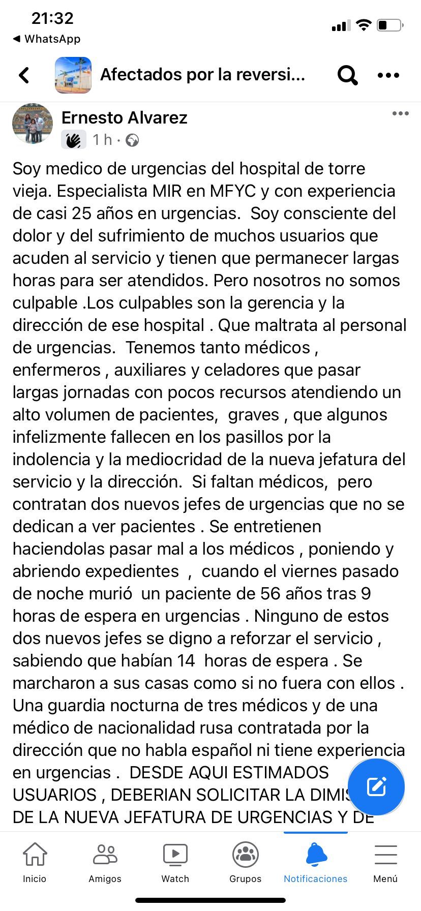 Captura de pantalla del mensaje del médico de Urgencias del Hospital de Torrevieja