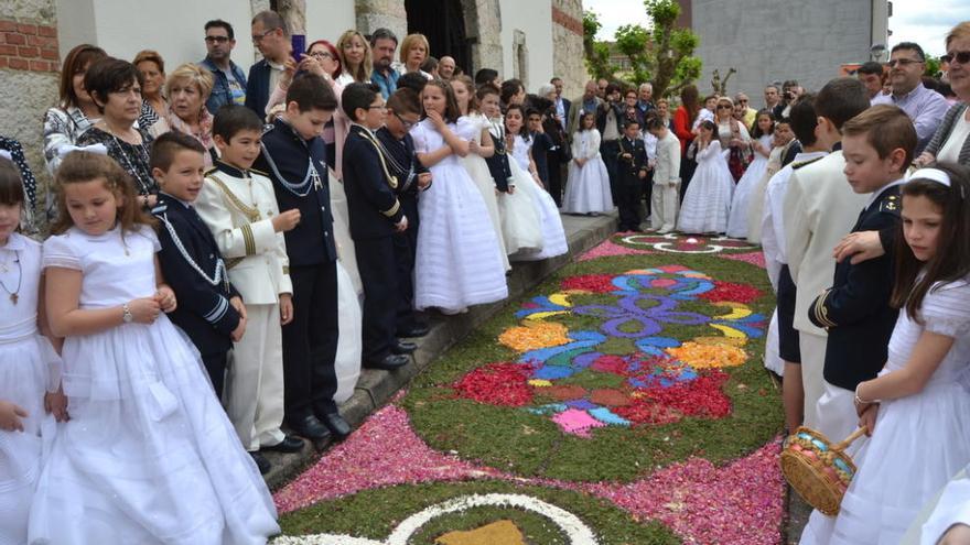 Los niños de primera comunión ante la alfombra flora de Lugones. j.e. cima