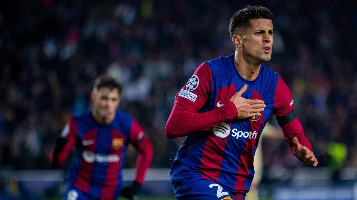 Joao Cancelo of FC Barcelona celebrates a goal during the UEFA Champions League, Group H, football match played between FC Barcelona and FC Porto at Olympic de Montjuic stadium on November 28, 2023, in Barcelona, Spain. AFP7 28/11/2023 ONLY FOR USE IN SPAIN