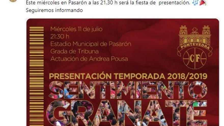 Tuit del Pontevedra anunciando la presentación del equipo.