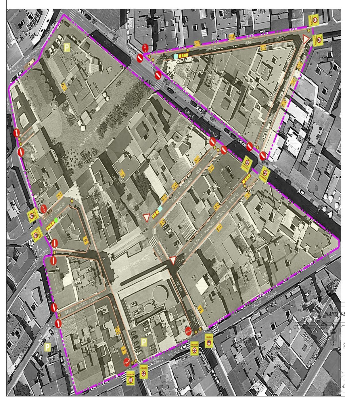 Ámbito en el que se ha llevado a cabo la peatonalización desde principios de noviembre en el centro del casco urbano
