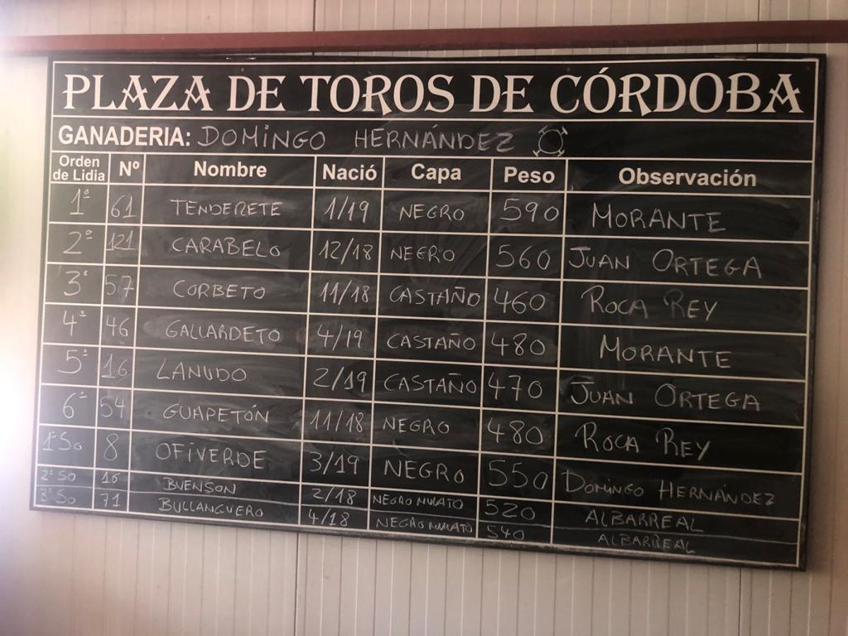 Tablilla con el resultado del sorteo de los toros para esta tarde en la plaza de Córdoba.