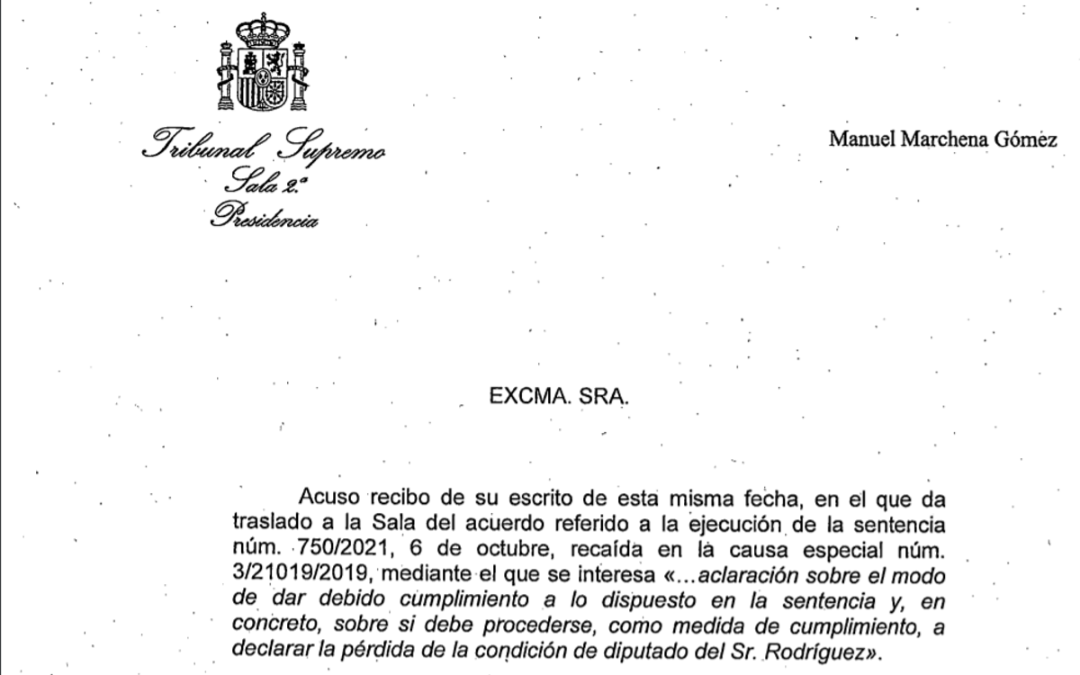 Respuesta de Marchena a Batet sobre la condena de Alberto Rodríguez