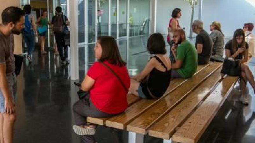 Un grupo de alumnos en la Escuela de Idiomas de Elche, esperando ayer.