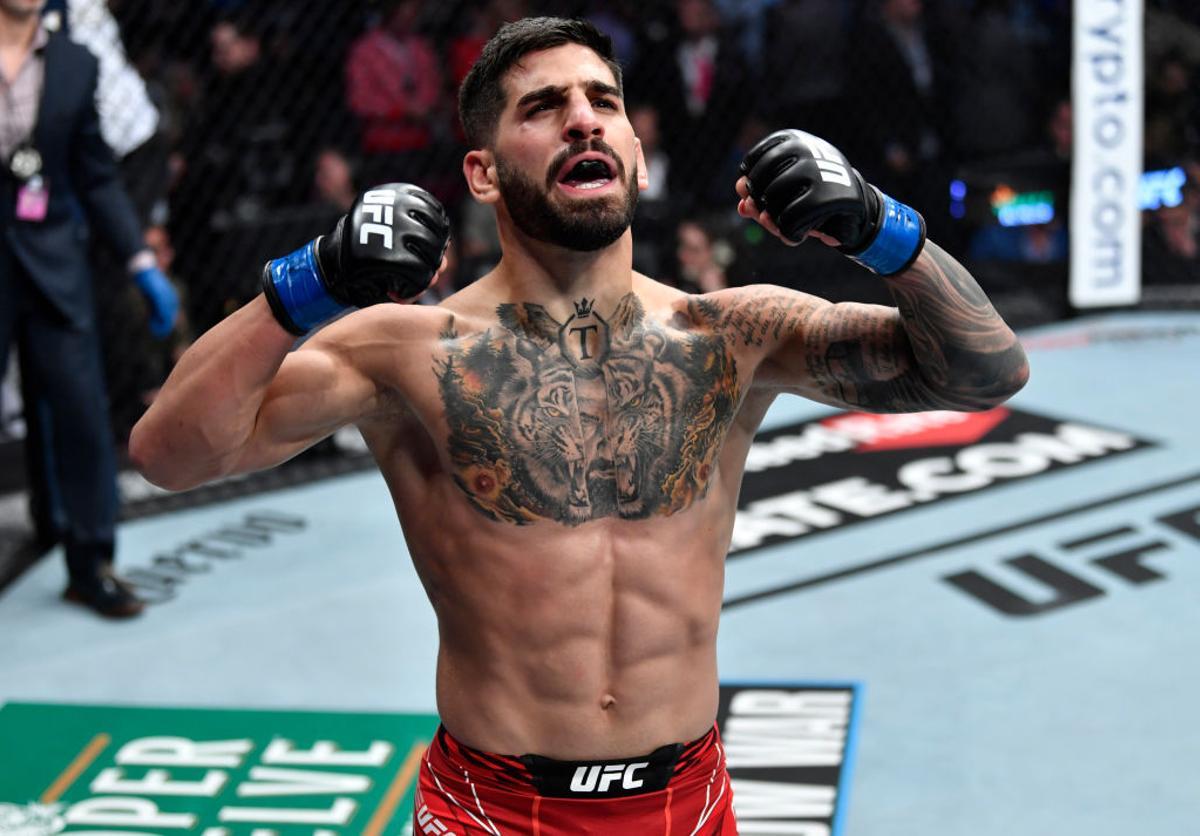 LAS VEGAS, NEVADA - JULY 10: Ilia Topuria of Germany reacts after his victory over Ryan Hall in their featherweight fight during the UFC 264 event at T-Mobile Arena on July 10, 2021 in Las Vegas, Nevada. (Photo by Jeff Bottari/Zuffa LLC). Not Released (NR)
