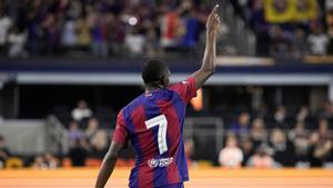 Dembélé, después de marcar su último gol con el Barcelona ante el Real Madrid en Dallas.