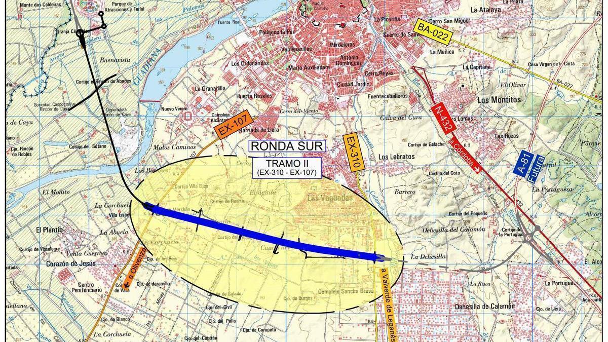 Plano con el trazado del segundo tramo de la Ronda Sur de Badajoz.