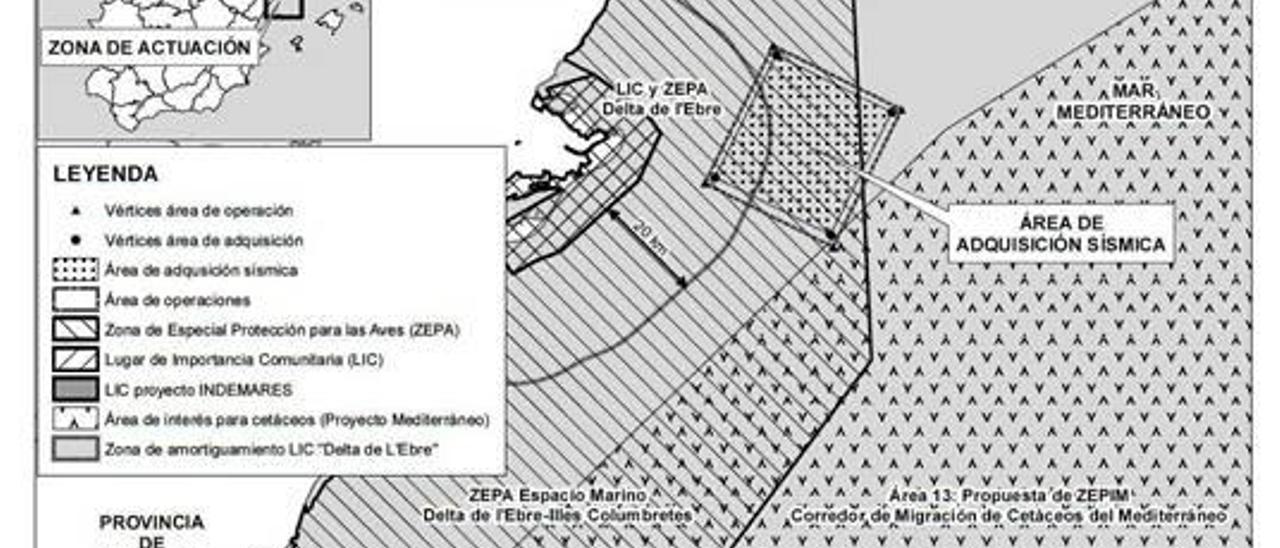 Mapa de ubicación de las prospecciones petrolíferas dentro de zona ZEPA protegida.