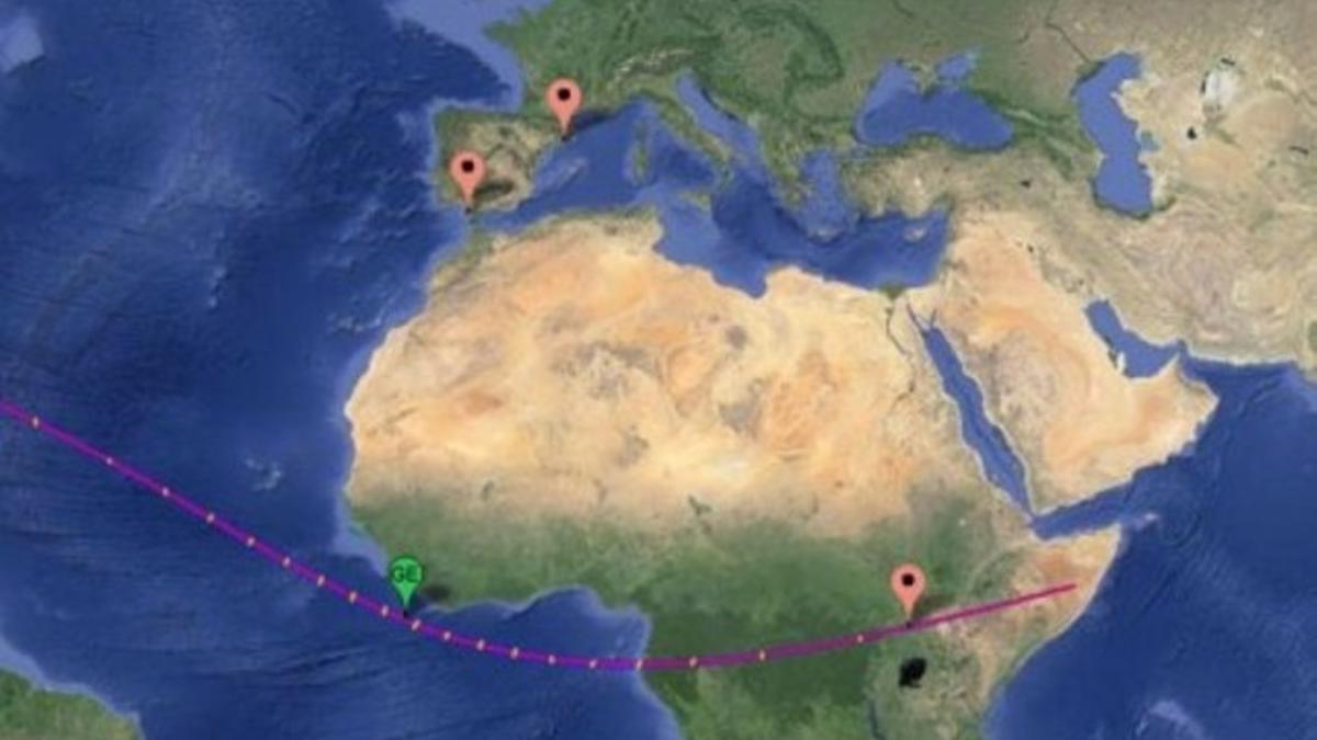 Las ciudades de Barcelona, Cádiz y Gulu en el mapa del camino del eclipse.