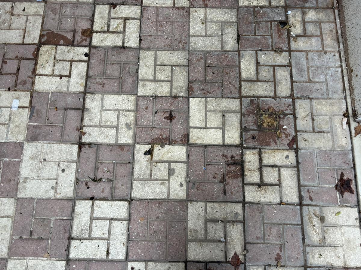 Suciedad incrustada en unas baldosas de la calle Santa Marta.