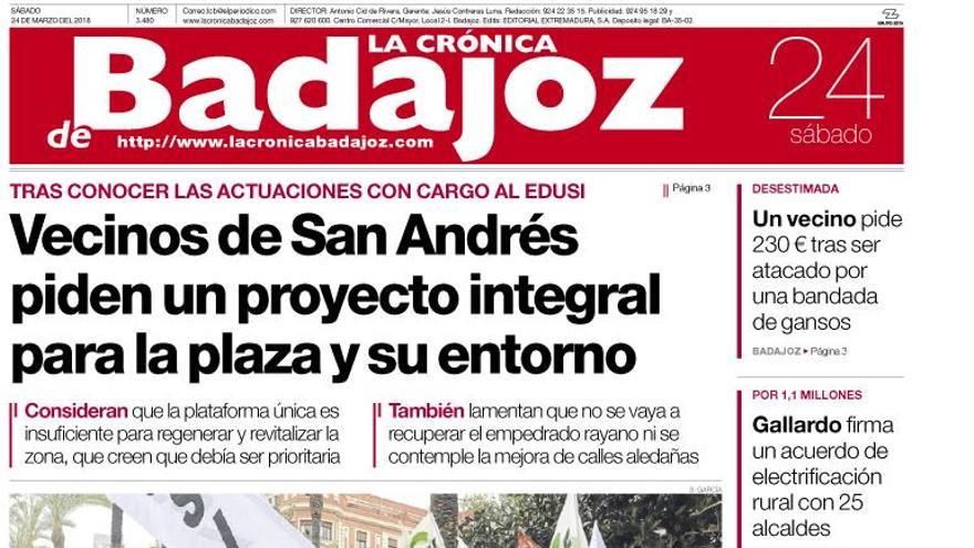 Esta es la portada de LA CRÓNICA DE BADAJOZ correspondiente al día 24 de marzo del 2018