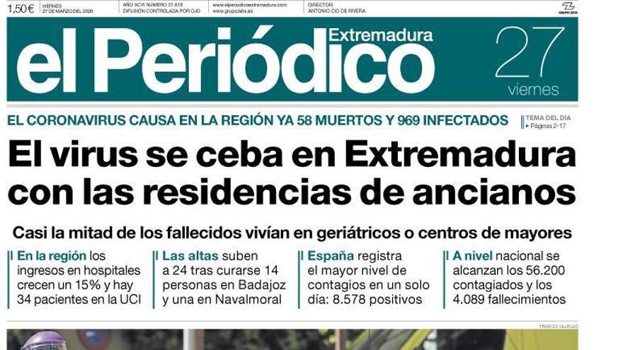 Esta es la portada de EL PERIÓDICO EXTREMADURA correspondiente al día 27 de marzo del 2020