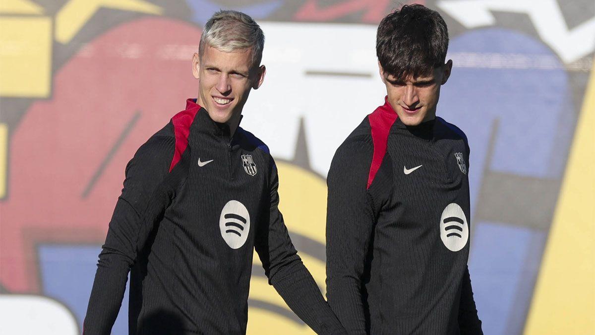 Dani Olmo i Pau Víctor, en un entrenament