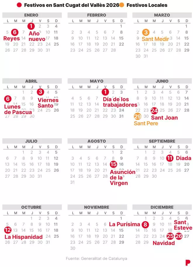 Calendario laboral de Sant Cugat del Vallès de 2026 (con todos los festivos)