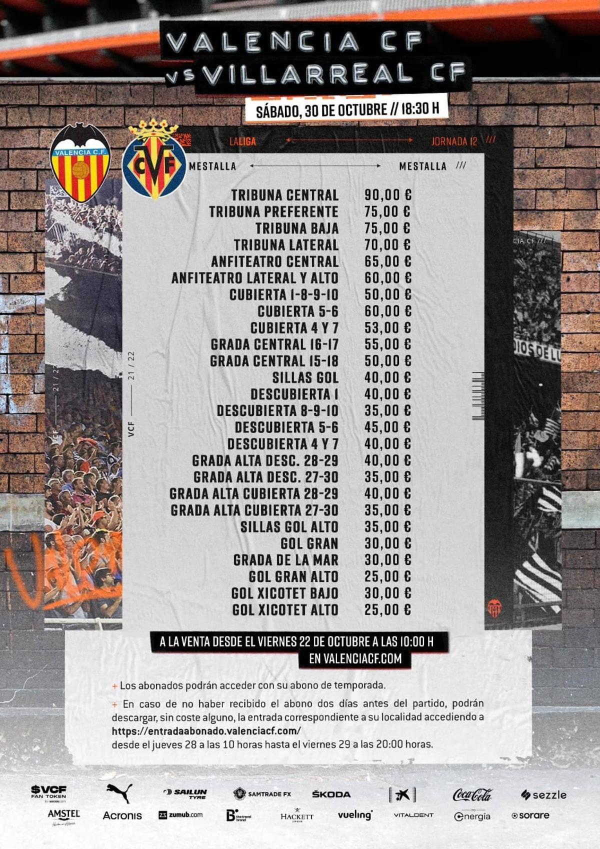 Precios de las entradas para el Valencia-Villarreal