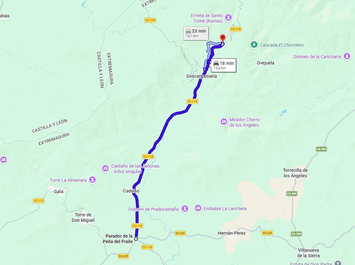 Carretera de acceso a Robledillo de Gata, en Google Maps.