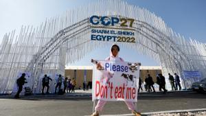 Un activista protesta en la entrada al centro de convenciones de Sharm El-Sheikh, donde se celebra la COP27.