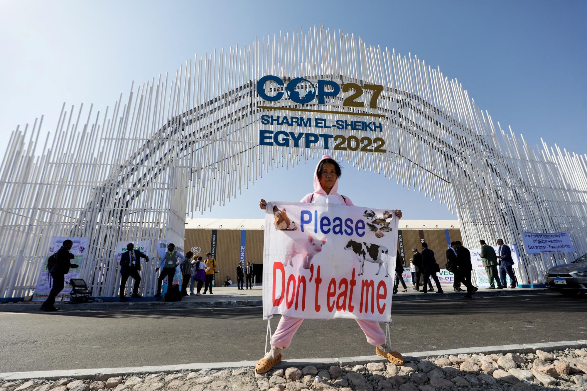 Un activista protesta en la entrada al centro de convenciones de Sharm El-Sheikh, donde se celebra la COP27.