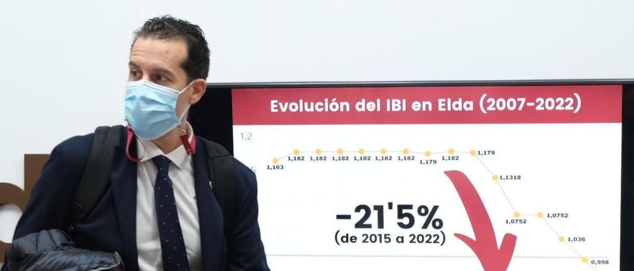 El alcalde de Elda, el socialista Rubén Alfaro, antes de iniciar la comparecencia sobre el IBI. | ÁXEL ÁLVAREZ