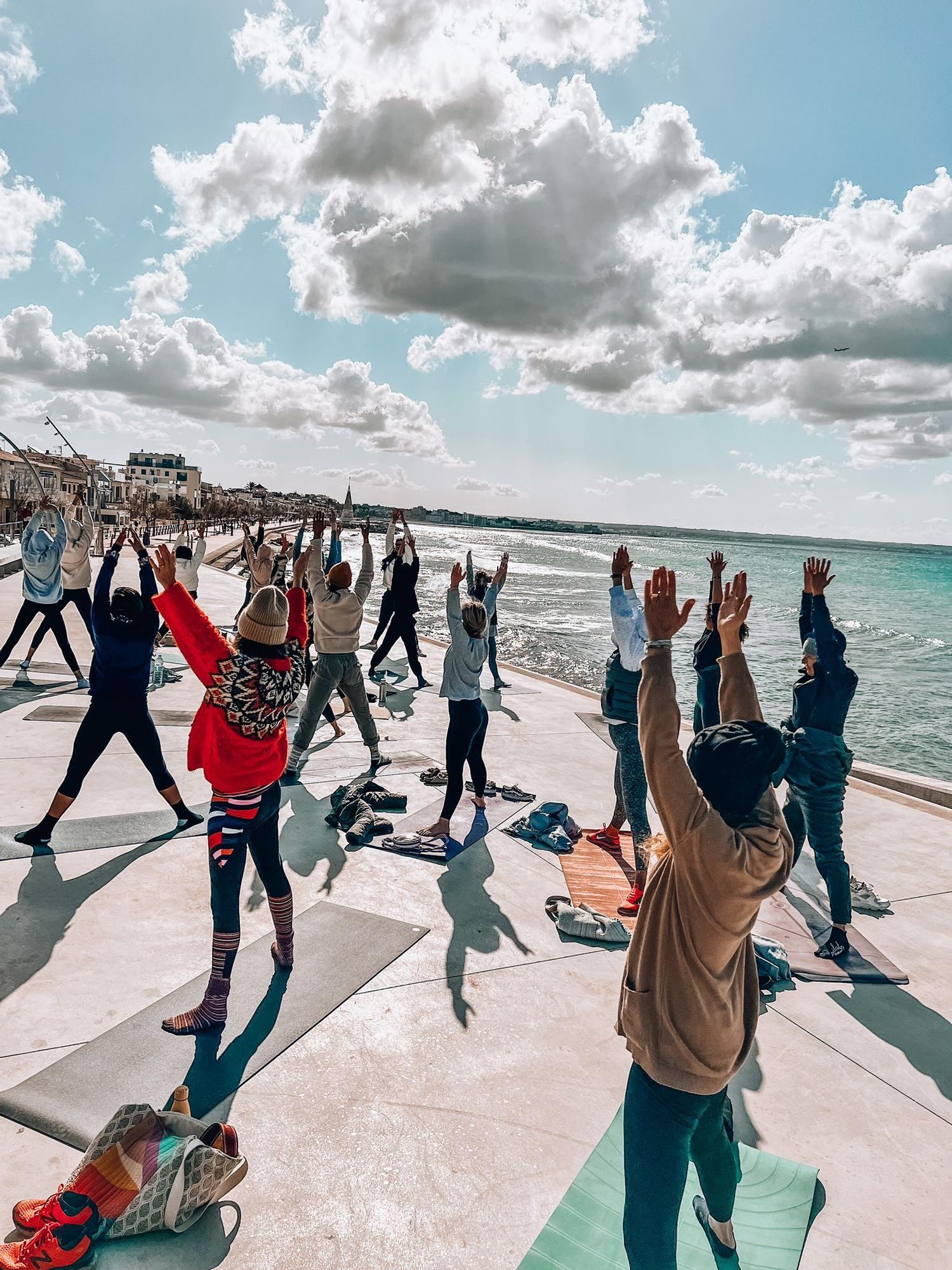 Clases grupales de yoga frente al mar