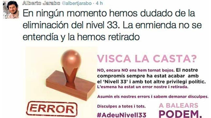 Alberto Jarabo, líder de Podemos, explicó que todo había sido &quot;un error&quot; y pidió disculpas a través de las redes sociales.