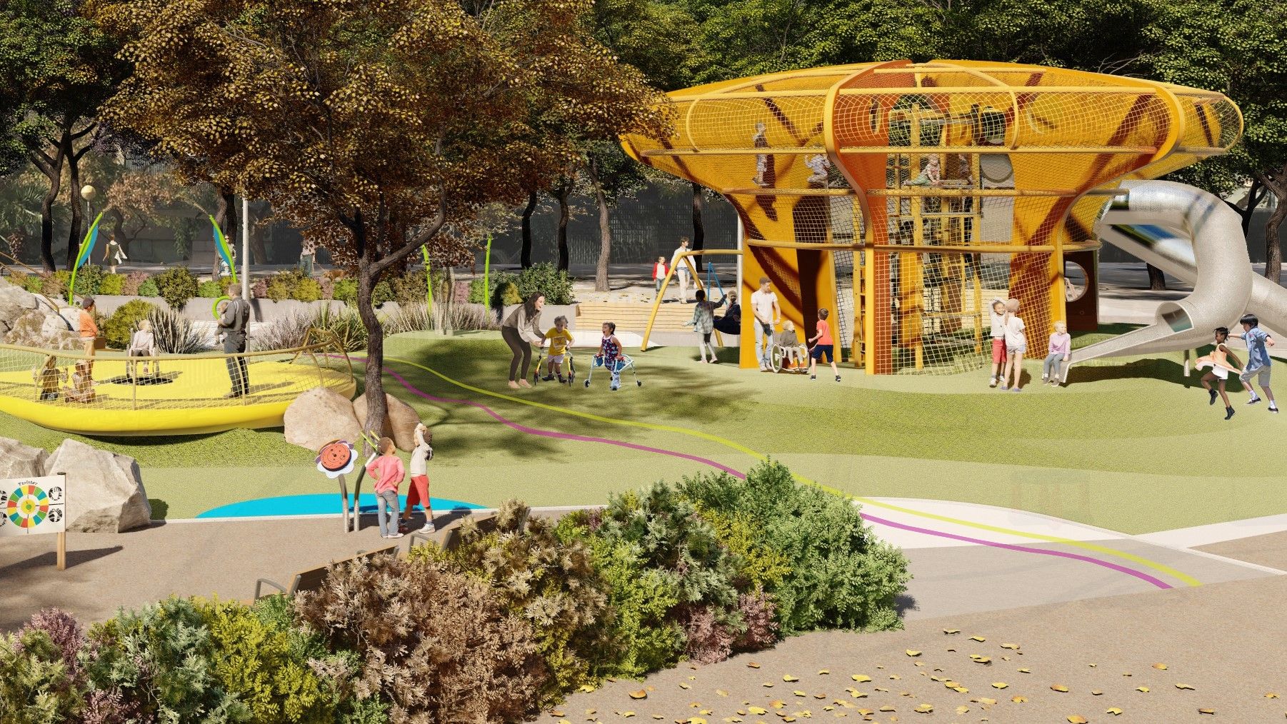 Render de la superárea de juego infantil en los jardines de Màlaga (Barcelona)