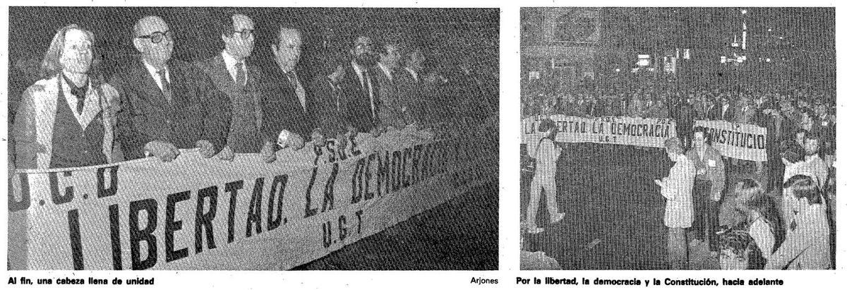 Recorte de INFORMACIÓN de la edición del 28 de febrero, que refleja la manifestación celebrada el día anterior en Alicante contra el intento del golpe de Estado, que reunió a 40.000 personas.