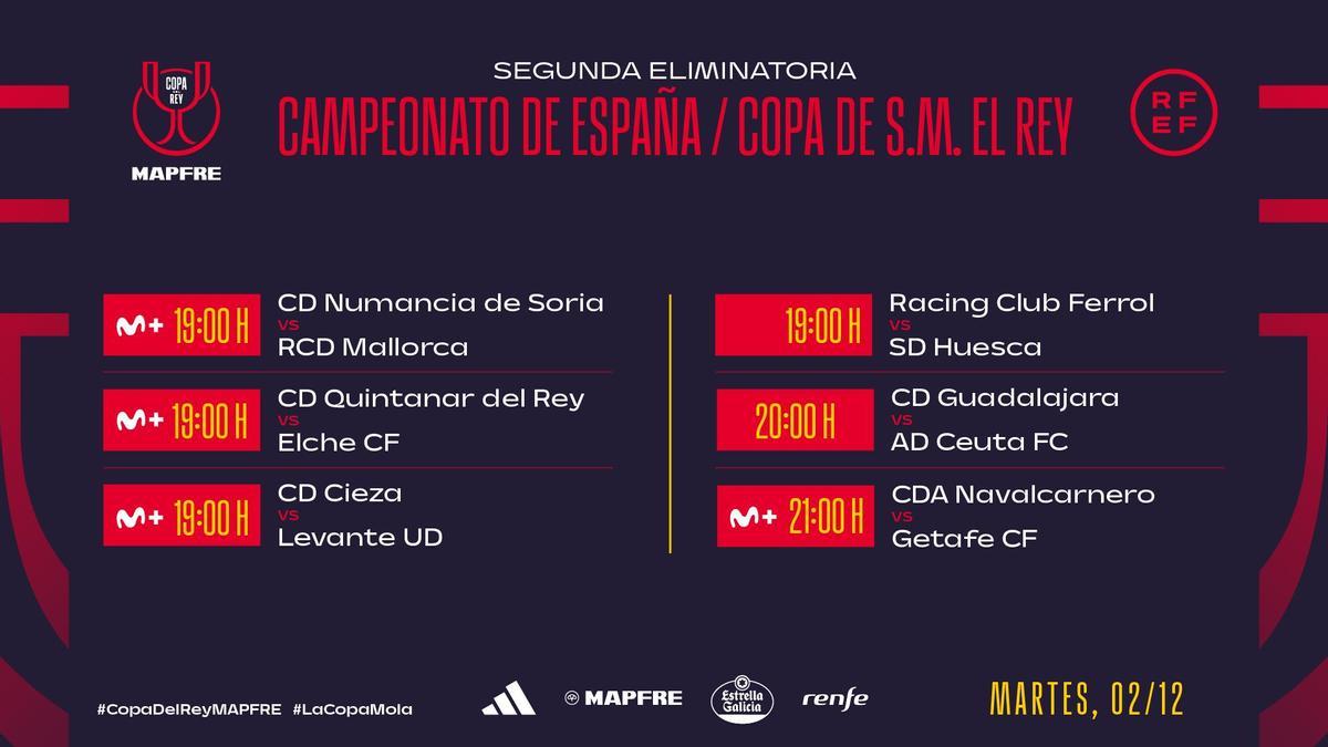Horarios de los partidos de segunda de la Copa del Rey que se jugarán el martes 2 de diciembre.