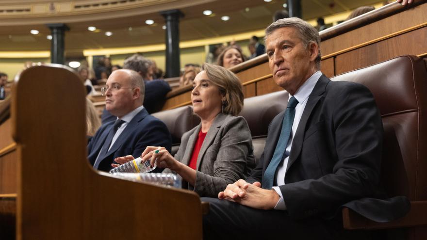 Miguel Tellado, Cuca Gamarra y Alberto Núñez Feijóo, en el Congreso.