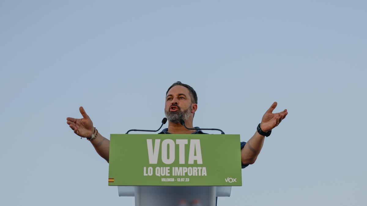 El líder de Vox, Santiago Abascal, durante un acto de campaña para las elecciones del 23J.