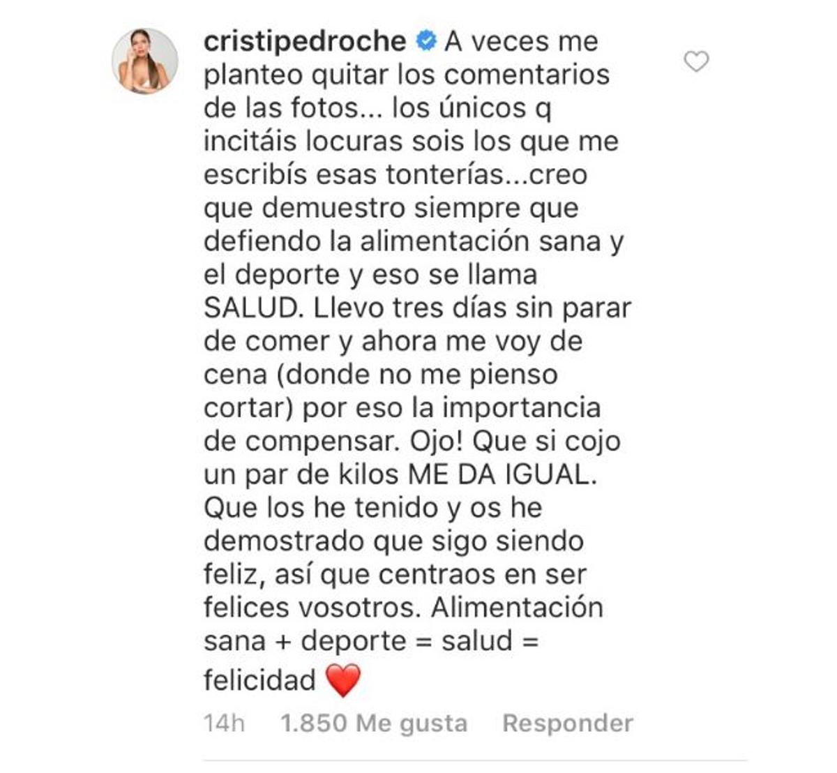 Cristina Pedroche responde en Instagram a las críticas por su peso