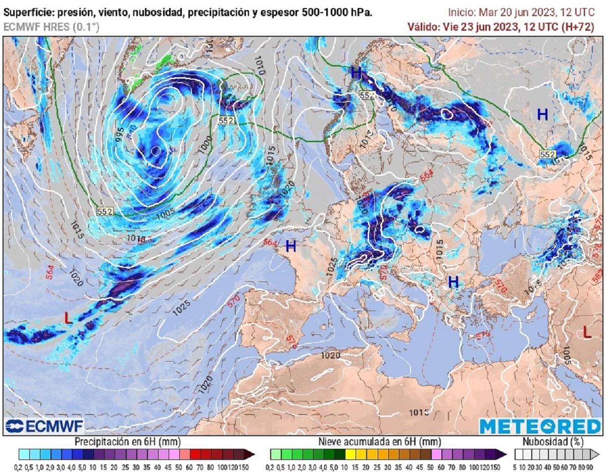 Modelo del ECMWF para el próximo viernes, donde se aprecia el anticiclón sobre Francia que protegerá la península de las borrascas