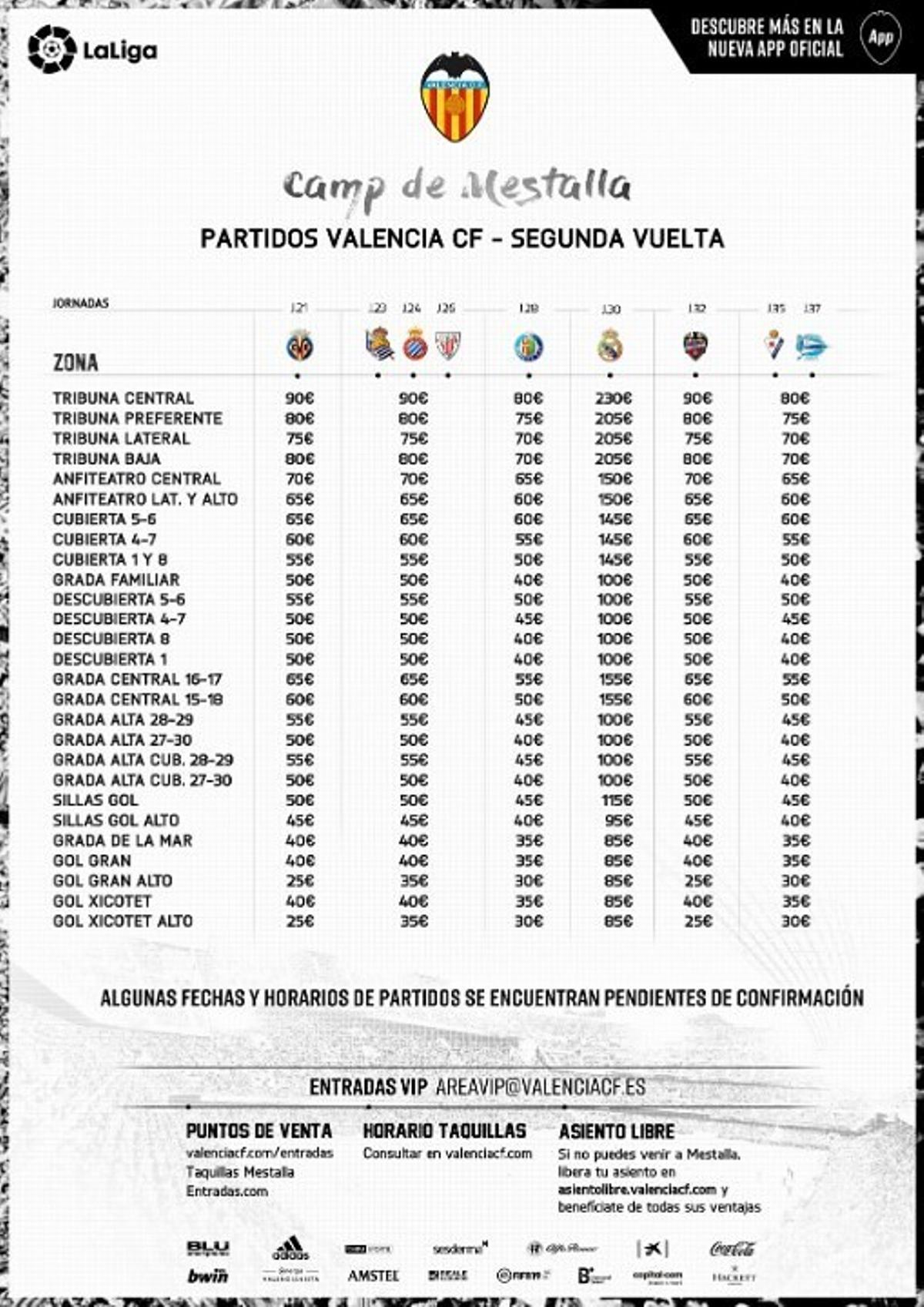 El Valencia CF pone a la venta las entradas para toda la segunda vuelta